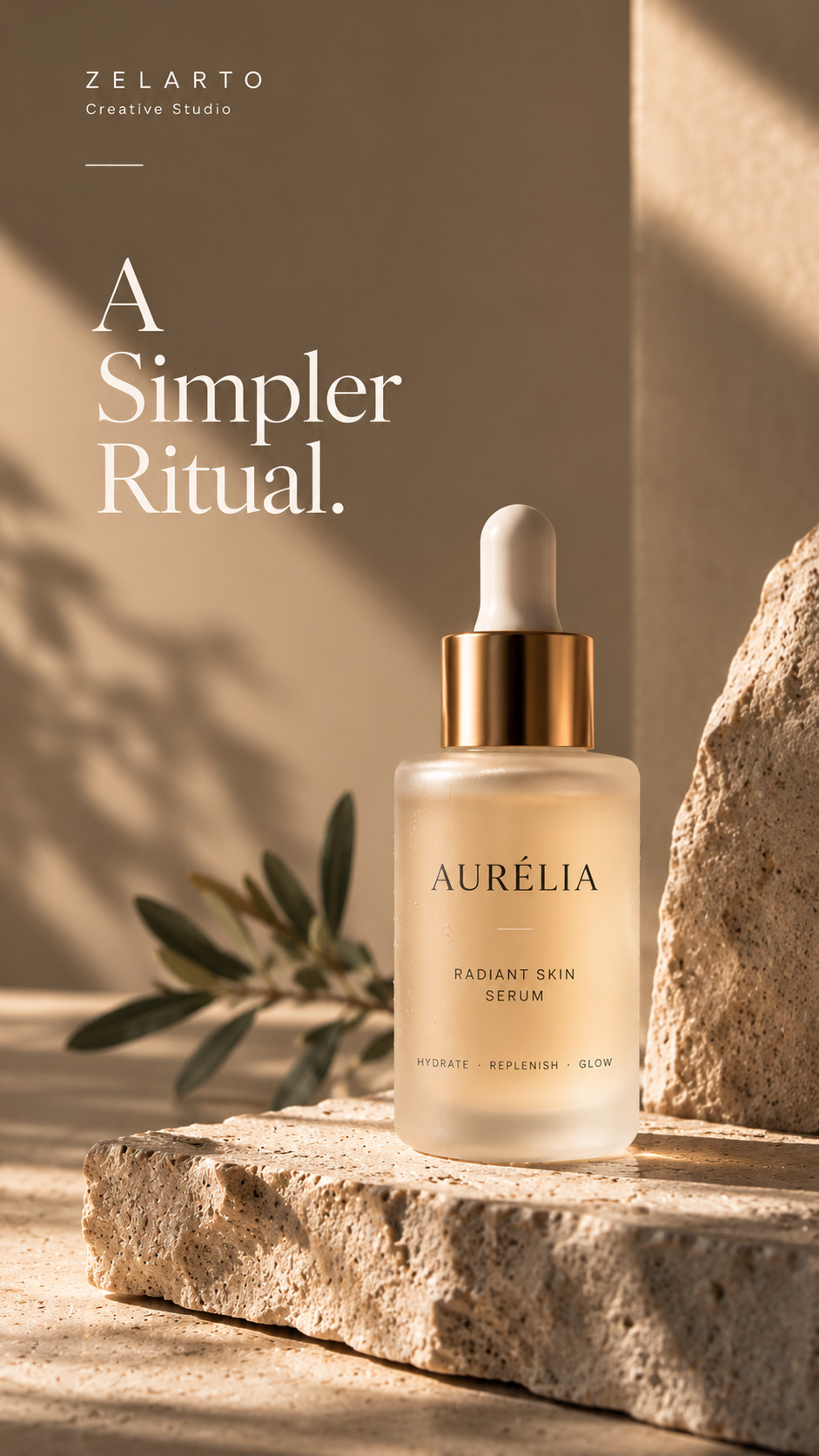 A frosted glass serum bottle with a gold dropper in warm light, beneath “A Simpler Ritual.”