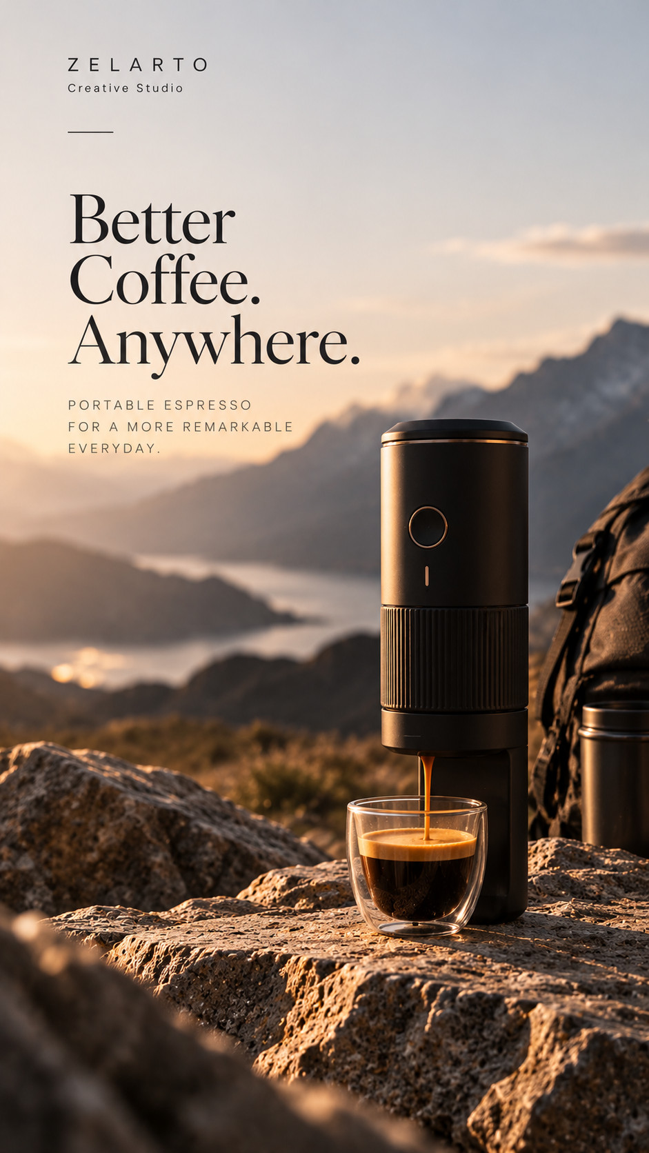 A portable espresso maker pouring into a glass on a mountain ledge at sunrise, beneath “Better Coffee. Anywhere.”