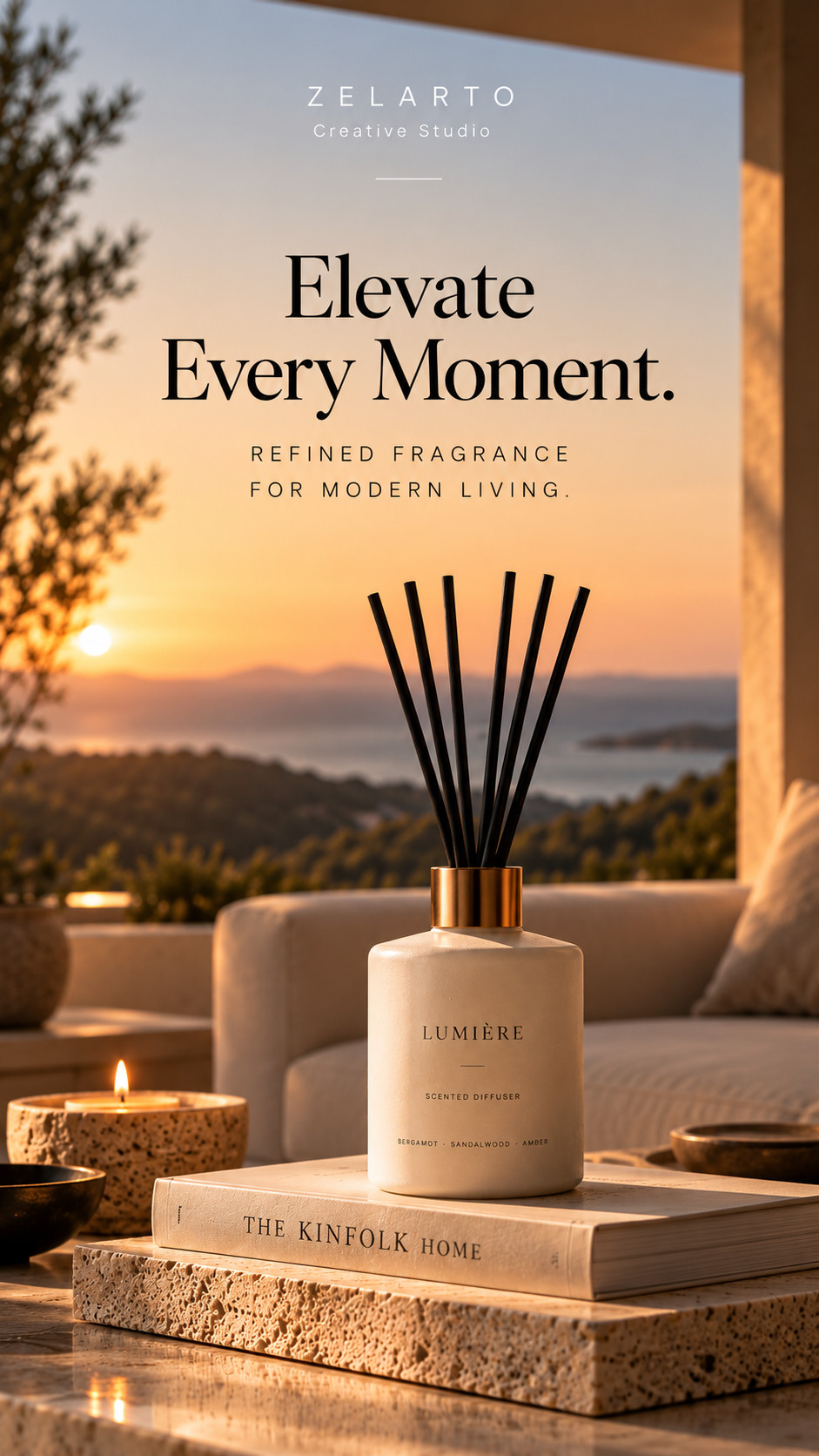 A cream reed diffuser on a book and travertine slab, overlooking a warm coastal sunset, beneath “Elevate Every Moment.”
