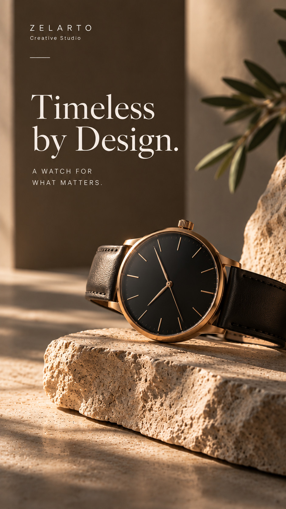 A gold-tone watch with a dark dial and leather strap resting on textured stone, beneath “Timeless by Design.”